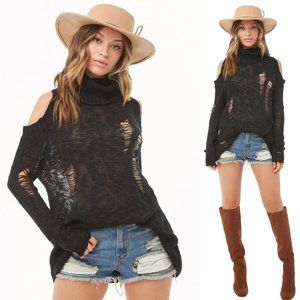 easel Distressed Open Shoulder Sweater - Black